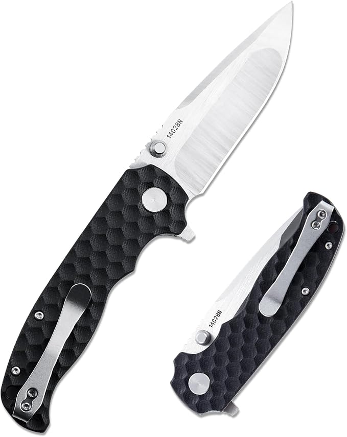 Men's Folding Pocket Knife – 3.4 Sandvik 14C28N Blade G10 Handle Ceramic Bearings Liner Lock Deep Pocket Clip – EDC Knife for Outdoor Hiking Survival Use
