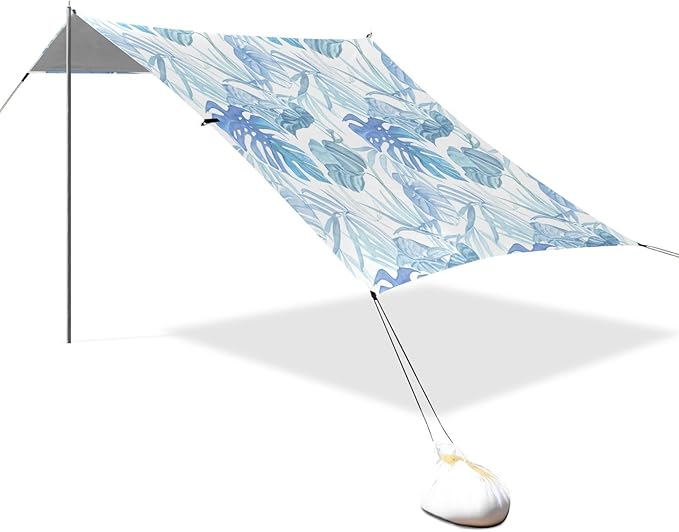 xigua Watercolor Leaves Beach Tent Sun Shelter with Carrying Bag - Silver Coated Oxford Fabric Beach Canopy for Beach Camping Fishing - Includes Windproof Ropes Sandbags &amp Stakes
