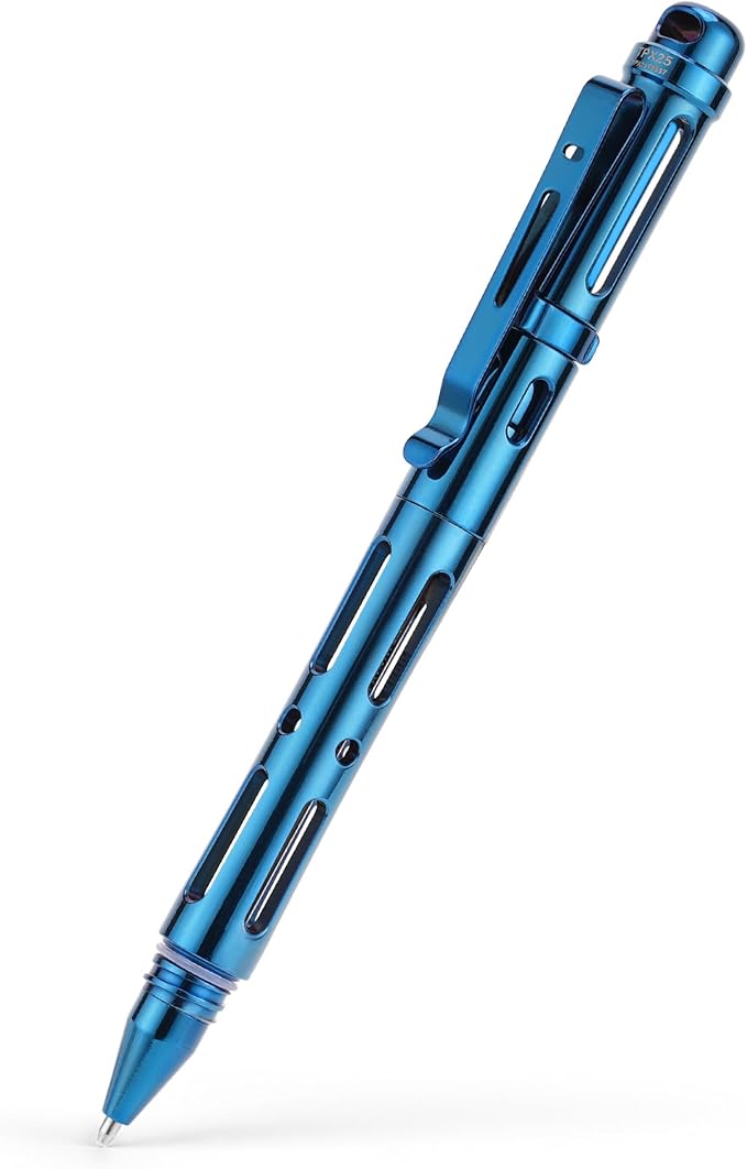 MecArmy TPX25 Titanium Luxury Pen Edc Keychain Pen with Unique Anti-Tilt Shell Fluorescent Bar Pocket Clip for Office Writing Waterproof Multitool with Glass Breaker for Emergency gifts (PVD Blue)