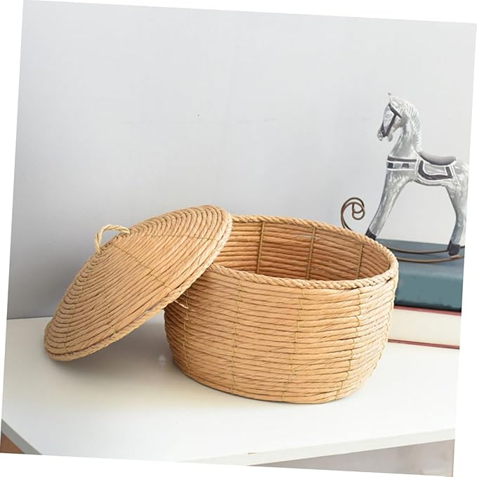 KOMBIUDA Handwoven Woven Storage Basket with Lid Small Decorative Rattan Container for Organizing Toys Pantry and Home Supplies Versatile Table Storage Solution
