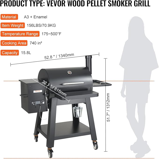 VEVOR Smoker Grill Portable Wood Pellet Grill with Cart 8 IN 1 BBQ Grill with PID Temperature Control for Outdoor Cooking Barbecue Camping Picnic 730 sq Patio and Backyard Black