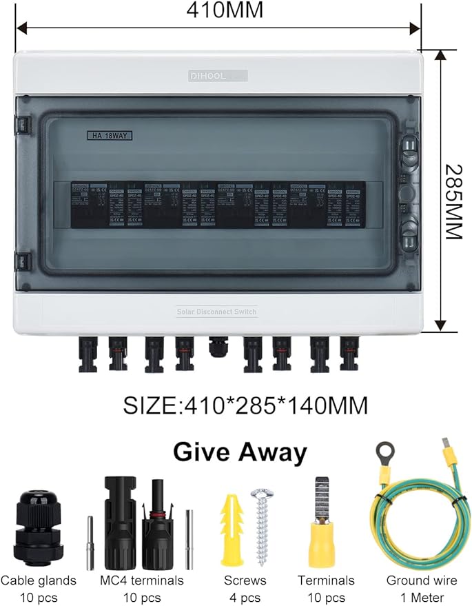 DIHOOL Solar Disconnect Switch 40Amp DC Circuit Breaker with Surge Protector PV Combiner Box for Solar Panel 4 in 4 Out 1000V