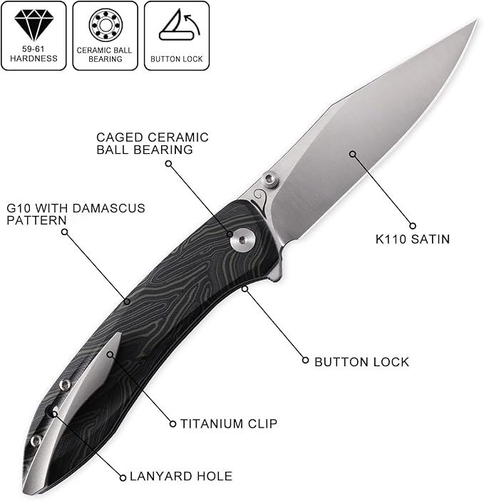 Petrified fish PFE08 Grow Folding Knife3.62 K110 Satin Blade 3.8oz G10 Handle Button Lock Pocket Knife for EDC (Green G10)