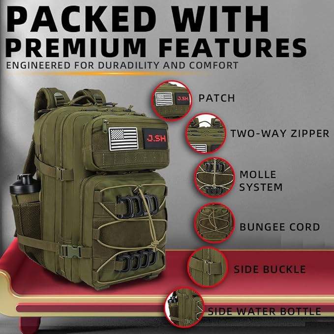J.SH Large Military Tactical Backpack for Men EDC MOLLE Backpack 900D Oxford Nylon 3-Day Assault Rucking Pack Heavy-Duty Tactical Gear for Outdoor HikingRugged Survival&ampBug Out Bag-45L Army G