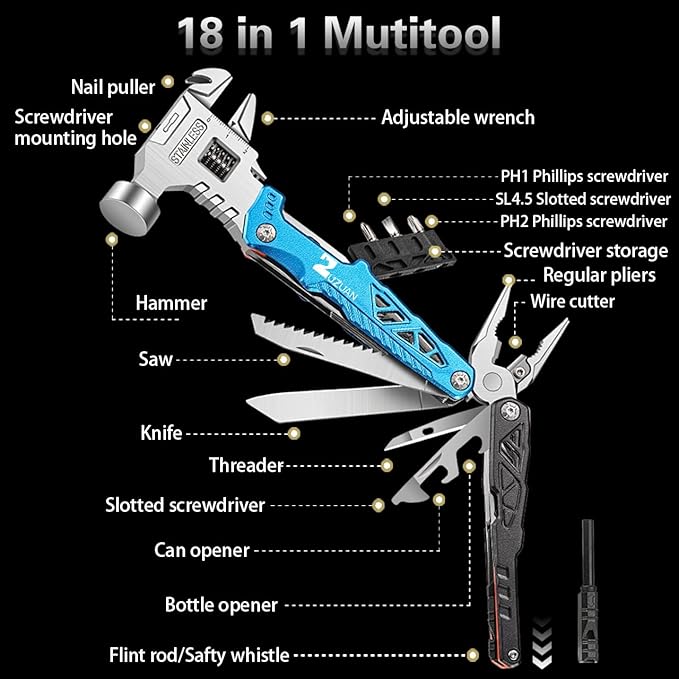 18 in 1 MultitoolBlueProfessional Stainless Steel Multitool Pliers with Replaceable Alloy Steel Blades Wire CuttersBottle OpenerApply to SurvivalCamping &amp Huntingfor Father's Day gift