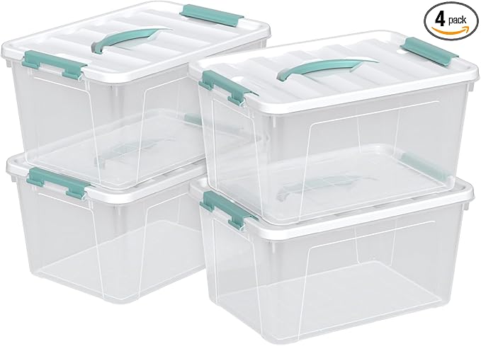 Readsky 4 Packs Clear Storage Latch Box Plastic 14 Quart Plastic Storage Bin with Lid and Handle