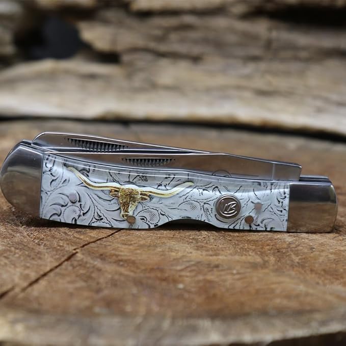 WHISKEY BENT HAT CO. Trapper &amp Locking Bullcutter Folding Pocket Knife 4.125 Closed Length 440C Stainless Steel Blades (Toro)