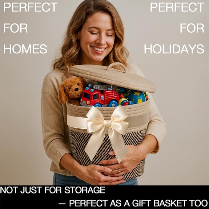 Yimi's Dream Cotton Rope Basket with Lid – Soft Storage Bin for Home Organization Brown &amp Brown‑Black Pattern Sturdy Lightweight &amp Stylish 11.5″ Round x 13.5″ High