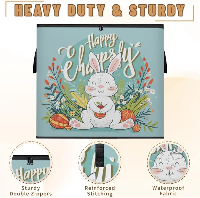 XL Large Clothes Storage with Lid Handle Spring Large Thick Clothes Blanket Storage Containers for Organizing Bedroom Closet Comforter Organization Storage Easter Rabbits