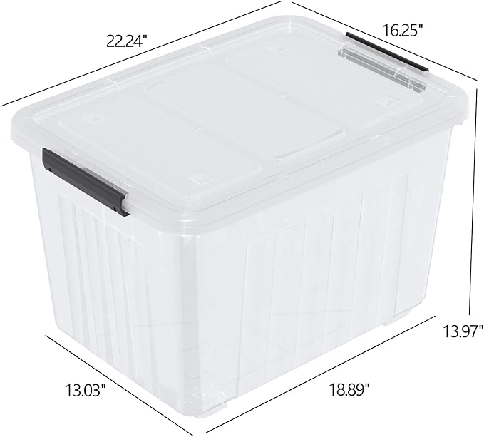 4 Packs Large 70 L Plastic Stackable Storage Bins with Wheels and Latching Lid Clear Storage Container Tote