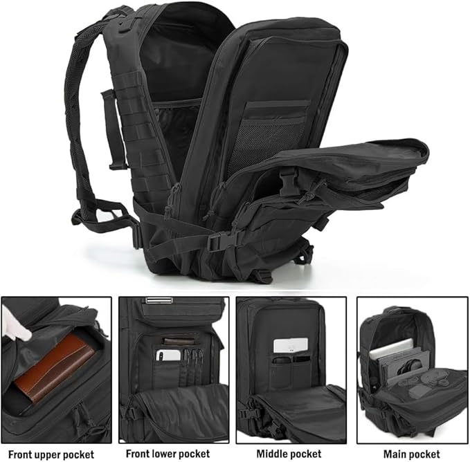 50L Tactical Backpack Training Gym Fitness Bag Outdoor Hiking Camping Army Molle Backpacks for Men Travel (Black)