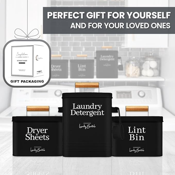 Simplation Modern Farmhouse Laundry Detergent Container for Laundry Room Decor and Accessories Metal Laundry Pods Container Laundry Powder Holder for Laundry Room Organization (Black)