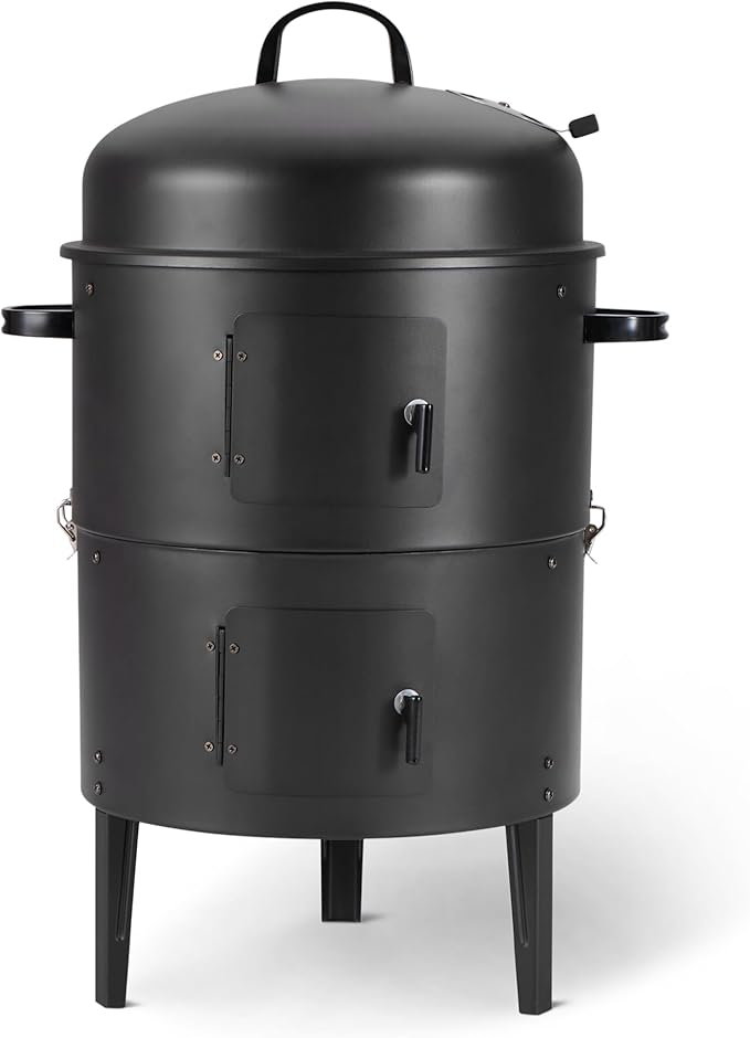 Amazon Basics 16 inch Vertical Charcoal Outdoor Smoker BBQ Grill with Built-in Thermometer 2-Layer Design Adjustable Air Supply Control Black