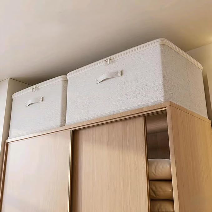 [3 Pack] Beige Cotton Linen Collapsible Storage Bins for Home Organization Waterproof Fabric Foldable Organizer Boxes 19.29 x 14.57 x 12.2 Inches Zippered Flap &amp Handle (Extra Large)
