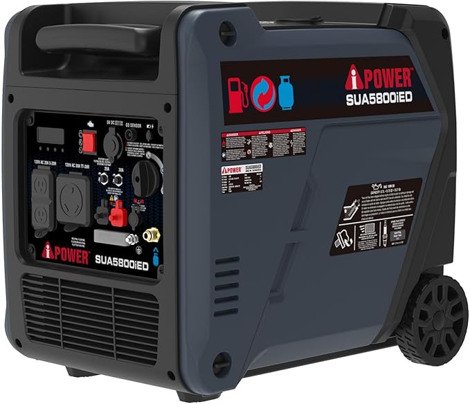A-iPower 5800-Watt Dual Fuel Quiet Portable Inverter Generator Electric Start RV Ready EPA &amp CARB Compliant CO Sensor With Telescopic Handle For Backup Home Use Tailgating &amp Camping (SUA58