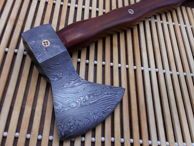 Damascus Steel Log Splitter Axe 14.5 Inches Long Hand Forged with Rose Wood Round Handle Bearded Hiking Battle Axe Thick Cow Hide Leather Sheath