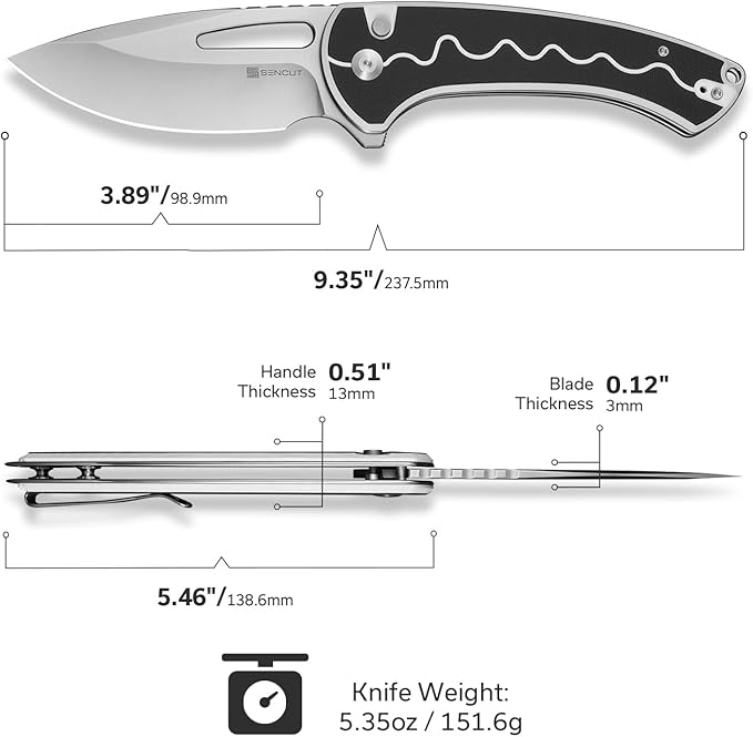 SENCUT Squiggy Pocket Knife Camping Folding Knife with 3.89'' 9Cr18MoV Blade &amp G10 Handle Reversible Clip for EDC Hiking S24082A-1 (White/Black)