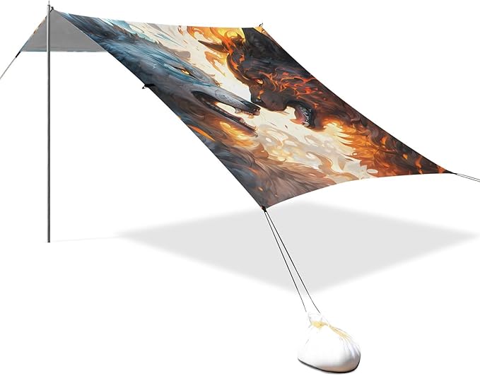 ALAZA Roarring Wolf Fire &amp Ice Beach Tent Sun Shelter UPF50+ Protection Beach Shade Canopy w/ 4 Sandbags for Outdoor Camping Fishing Backyard Fun Picnic 10x9 ft