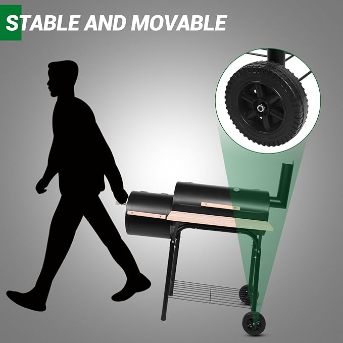 Outvita Charcoal Grill and Offset Smoker Outdoor Patio Barbecue Cooker with Wheels Portable Backyard BBQ Oven with Side Fire Box for Camping Picnic Party