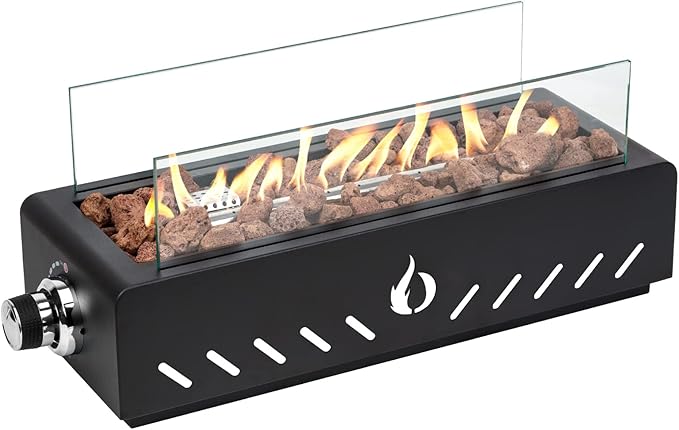 ONLYFIRE OUTDOOR LIVING 18 Propane Gas Fire Pit with Glass Wind Guard &amp Lava Rocks Portable Tabletop Smokeless Firepit Side-Mounted for Patio Backyard Camping Tailgating RV Hose Included FP026