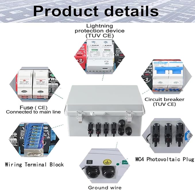 4 String PV Combiner Box with 15A Fuses Surge Protector &amp 63A Breaker IP65 Waterproof for On/Off Grid Solar System Home RV Marine
