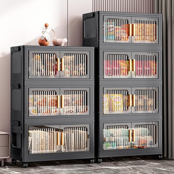 4-Tier Stackable Storage Bins with LidFoldable Plastic Drawer Storage with WheelsCloset Organizers and Storage for Living Room Office Dorm