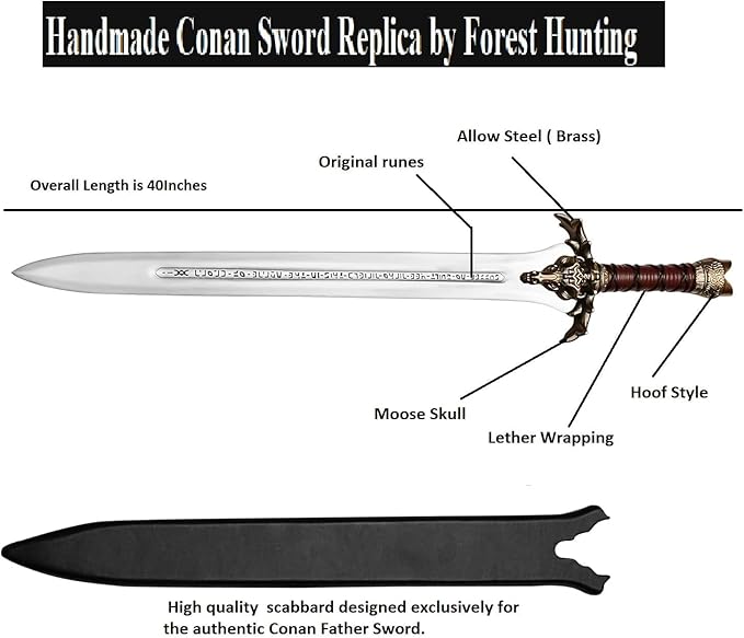 Conan The Barbarian Real Swords 42'' Handmade Conan Atlantean Sword 1095 Carbon Steel Brass Fittings Full Tang Leather Sheath Viking Sword Real King Tool 7.5 lbs Gifts for Men (Conan Father Sword)