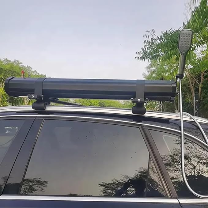 Portable Road Shower 7.93 Gallon Water Tank Self-Pressurizing 1.6 Bar Camping Shower with 5.58ft Hose Roof Rack Mountable for SUV RV Truck Overlanding Beach Travel - Black/Silver