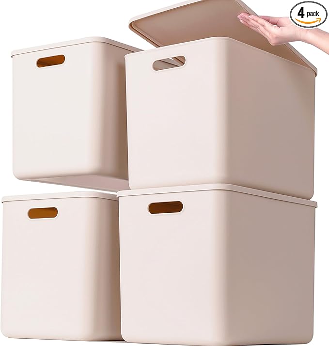 Plastic Storage Bins with lidsStorage BasketsContainer with handleStorage Organizer Bins for ShelvesOfficeBedroomsClosets Cabinets(Grey4XL)