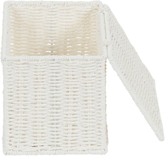 Household Essentials Small Wicker Basket with Lid Multipurpose Storage Basket for Bathrooms Shelves Desks Vanities Closets and More White