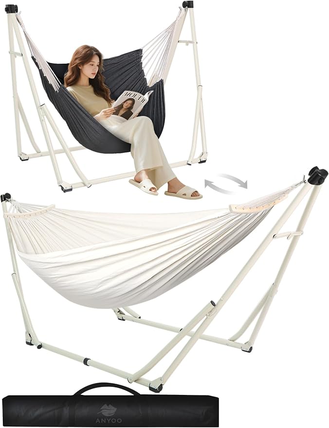 Anyoo 2 in 1 Hammock and Swinging Chair with Collapsible Steel Stand &amp Carrying CasePortable &amp AdjustableEasy Set Up for OutdoorIndoorPorch SwingPatioGardenCamping Trip