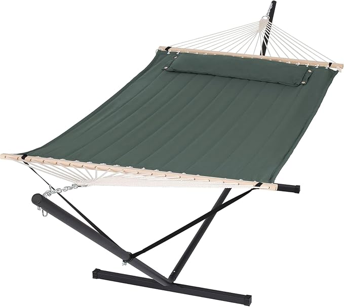 SUNCREAT Hammocks Extra Large Double Hammock with 12 ft Stand 475lbs Capacity Outdoor Portable Hammock with Hardwood Spreader Bar Extra Large Pillow Gray Green