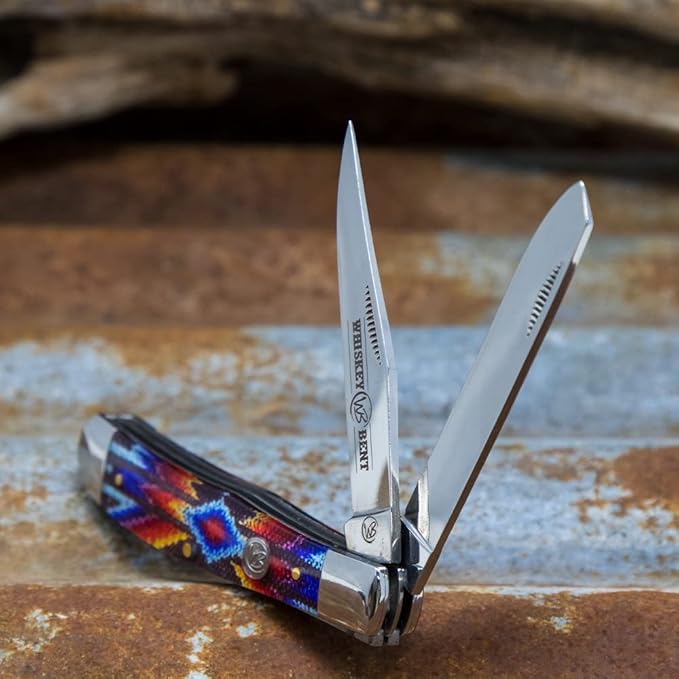 WHISKEY BENT HAT CO. Traditional Trapper Folding Pocket Knife 4.125 Closed Length 440C Stainless Steel Blades (Southwest Starburst)