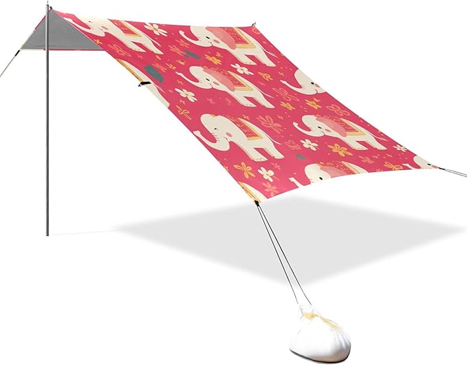 Cartoon Cute Elephants Pink Foldable Beach Canopy UPF50+ Protection Easy Setup Large Portable Sun Shelter with Sandbags &amp Sand Shovel for Family Trips Picnics &amp Camping