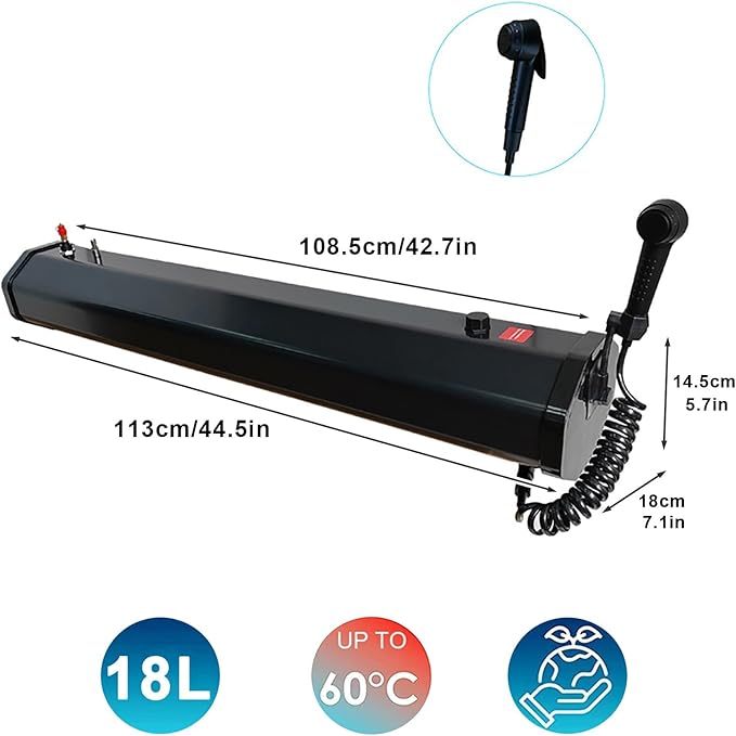 FQMYLTYN Pressurized Water Tank for Camping Shower Solar Heated Roof Rack Mount Road Shower with Water Pipe for Overlanding Surfing Off-Road Fishing Hunting(113x18x14.5cm)