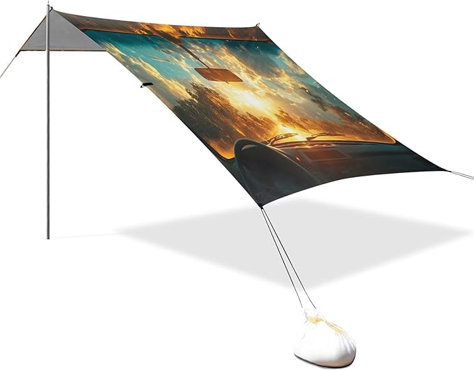Car Window Outside Sunrise View Beach Tent Sun Shelter Set UPF50+ UV Protection 10.5 x 9.19 FT Camping Shade Canopy with Sandbags Sand Anchors Carrying Bag and Others