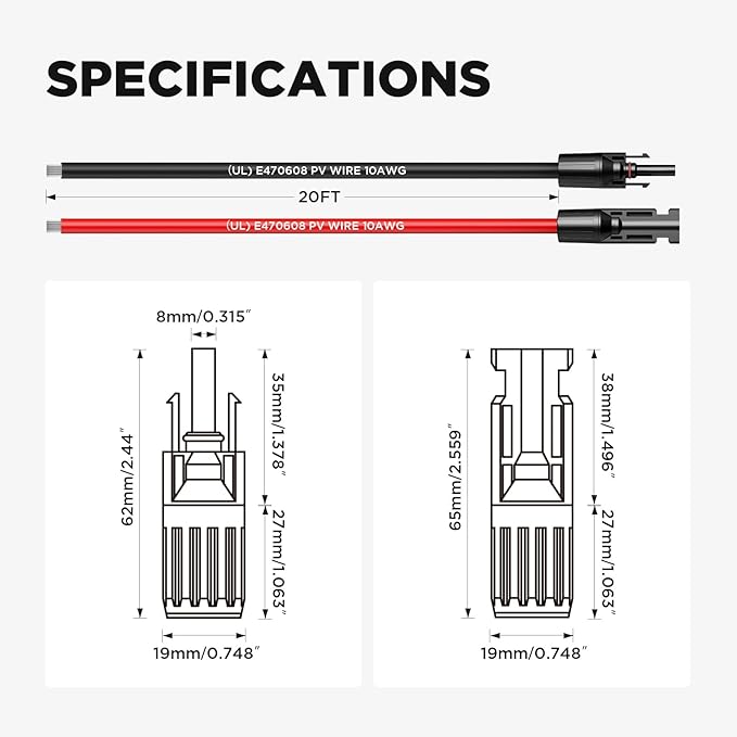 20FT 10AWG Solar Extension Cable (Red + Black) 30A/1000V DC IP68 Waterproof PV Wire with Compatible Quick Connectors for Connecting Solar Panels Controllers and Solar Systems