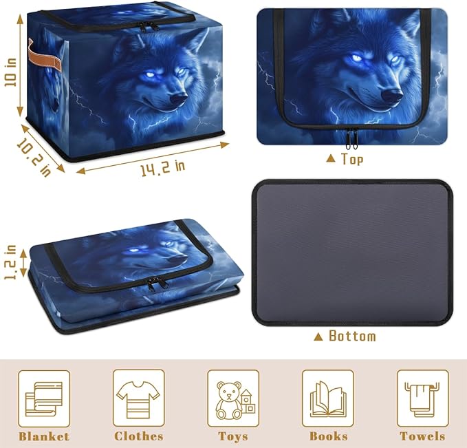 Blue Wolf Storage Box with Lid Wild Animal Collapsible Storage Bins Baskets Cubes Closet Shelf Clothes Organizer Containers with PU Leather Handles