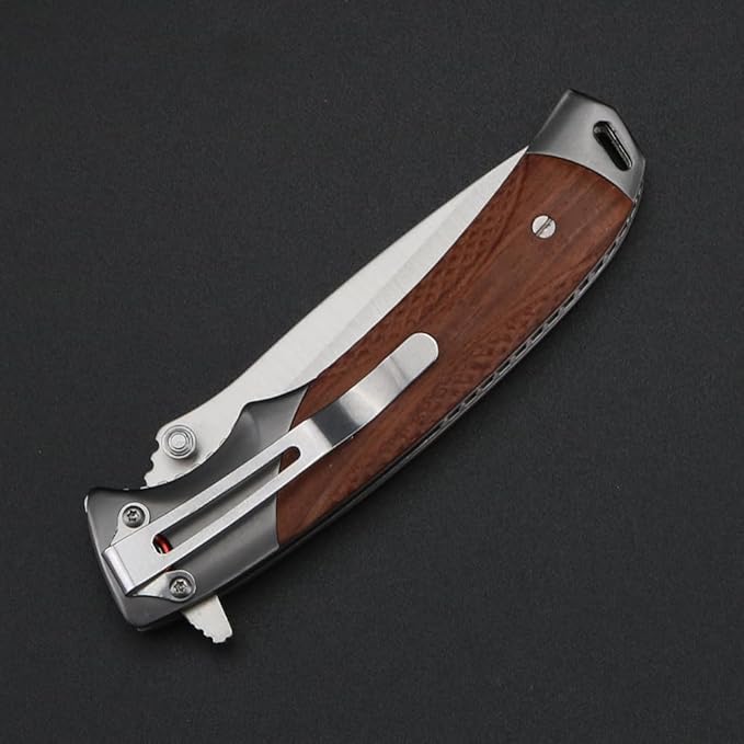 Tactical Folding Knife 4in Stainless Steel Mirror Blade Rosewood Handle EDC Knife with Safety Liner-Lock Hand-blocking Design