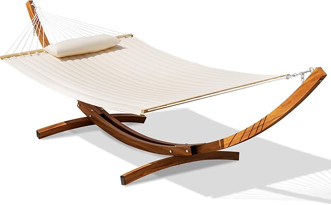 Lazy Daze Hammocks 12 FT 2 Person Double Quilted Hammock with Curved Steel Heavy Duty Stand and Pillow for Outside Backyard Patio 450 Lbs Capacity Cream