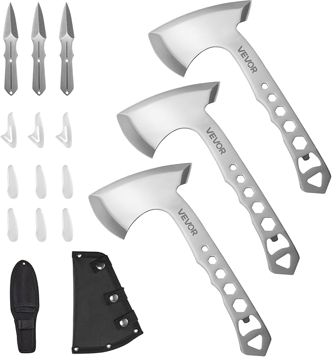 VEVOR Throwing Axes and Tomahawks 3 Pack Hatchet Axes and 3 Pack Knives Throwing Products Set Handle with Wrench and Bottle Opener Stainless Steel Black Nylon Sheath for Recreation Competition