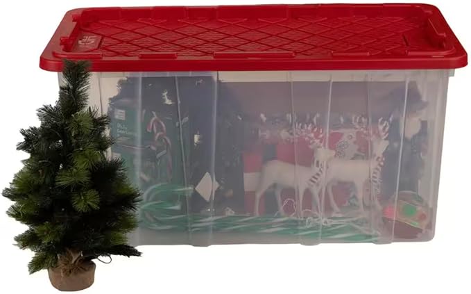 77 Gallon Tough Storage Tote with Wheels in Clear with Red Lid KC23384