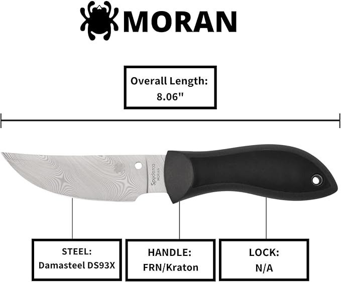 Spyderco Moran Upswept Gray Fixed Blade Knife - Damasteel DS93X with FRN/Kraton Handle PlainEdge - FB01PGYD