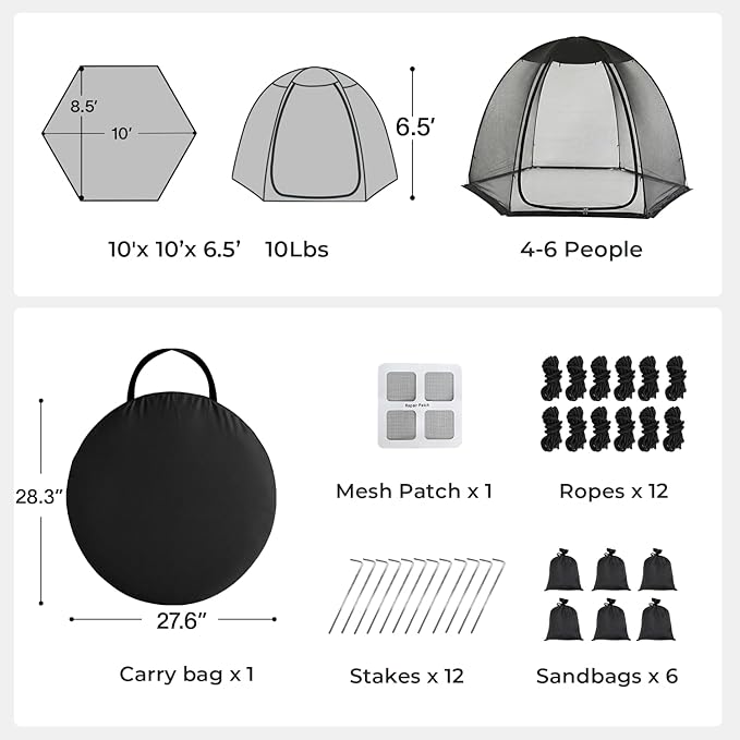 Alvantor® Pop Up Screen House Tent Snap-fit Mesh Screen Gazebo with Peaked Roof Portable Screen Room Canopy Shelter with Sandbags for Camping Backyard Picnic