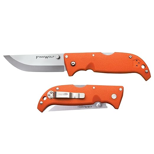 Cold Steel Finn Wolf 3.5in AUS8A Razor-Sharp Straight Back Blade 4.375in Griv-Ex Blaze Orange Handle Hunting Folding Knife Blister Pack