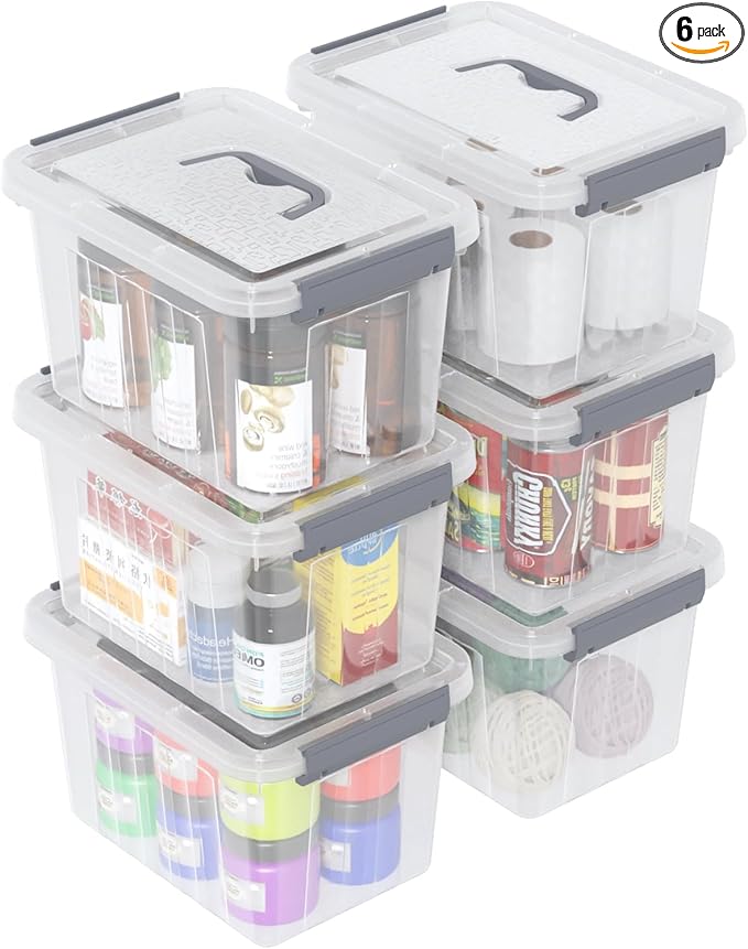 6 Quart Small Clear Latching Bins with Lids Plastic Storage Tote Box with Handle 6 Packs