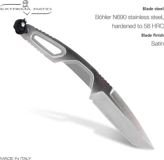 Extrema Ratio - Versa (Satin) Fixed Blade Knife Böhler N690 steel blade hardened to 58 HRC satin finish ergonomic aluminum handle scales reversible pocket clip handcrafted in Italy