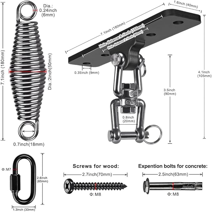 Dolibest Hanging Kits Hammock Chair Hardware Heavy Duty Swing Hanger with Spring (6MM) for Indoor Outdoor Playground Hanging Chair Hammock Chair Punching Bags 4 Screws 4 Expansion Screws