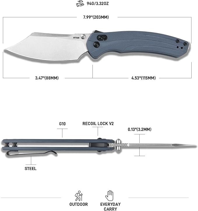 ARTISANCUTLERY Simoon Pocket Knife 3.47 AR-RPM9 Steel Blade G10 Handle Folding Knife with Recoil Lock V2 EDC Knives for Camping Hiking Survival(ATZ-1882 Blue)