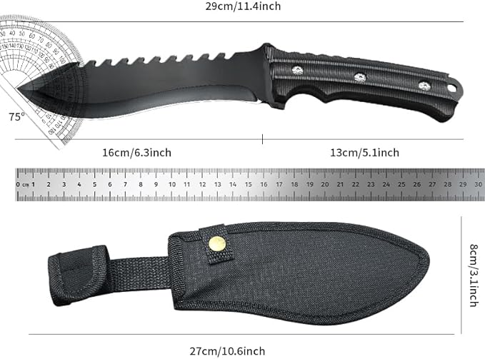 11.4 Fixed Blade Outdoor Knife with 9CR13MOV Stainless Steel - Rugged Utility Knife with Sawtooth Spine &amp V-Shaped Edge - Non-Slip ABS Handle with Lanyard Hole - Durable Nylon Sheath for Camping